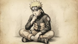 以经典铅笔素描风格绘制的鸣人，静坐沉思，唤起怀旧之情。 — 火影忍者 壁纸