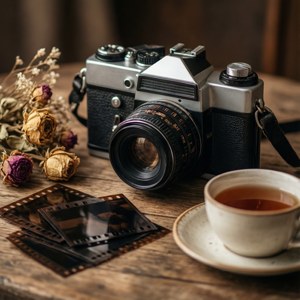 复古相机搭配胶片底片与干花。 — 独立美学动图 壁纸