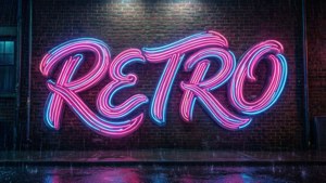 雨夜中，一块写着“RETRO”的霓虹灯牌在发光。