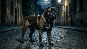 一只警觉的卡斯罗犬站在月光照耀的鹅卵石街道上