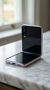 简约Z Flip 5静置大理石上，柔和淡彩光线