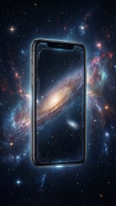 宇宙风格壁纸，iPhone X漂浮在群星之间。