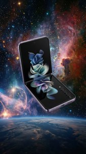 Z Flip 5 漂浮在外太空，背景是绚丽的星云与繁星。