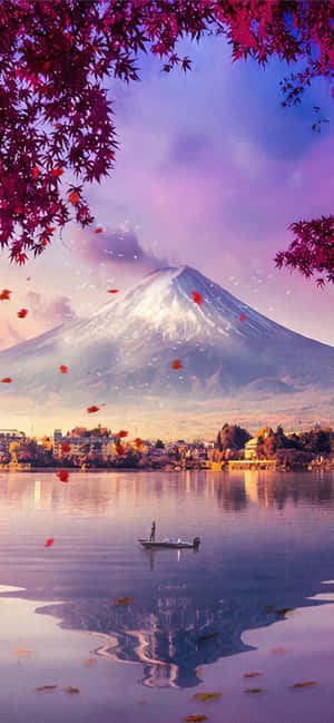 富士山峰与湖景及落叶 — Vivo V 壁纸