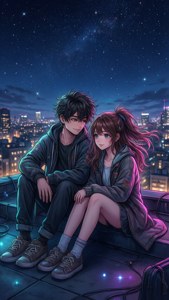 动漫情侣在屋顶的夜晚 — 动漫情侣 壁纸