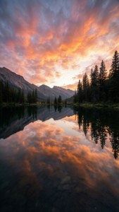 宁静的山间湖泊在日出时分呈现生动倒影，完美适配iPhone 11 Pro Max。 — iPhone 11 Pro Max 壁纸