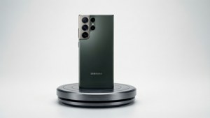 S24 Ultra 在白色背景的展示台上进行产品摄影拍摄。