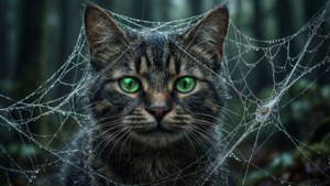柴郡猫被困蛛网中，双眼发出光芒。 — 柴郡猫 壁纸