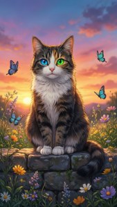 一只在草地上拥有不同颜色眼睛的美丽猫咪 — 动漫猫咪 壁纸