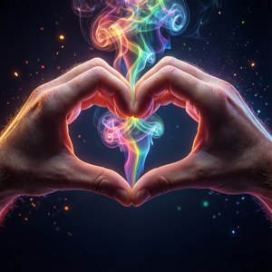 双手组成心形，彩虹烟雾环绕，象征爱与多元。