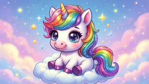 梦幻可爱的独角兽坐在蓬松的云朵上。 — 卡哇伊 壁纸