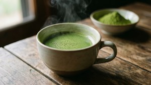 木质桌上的抹茶茶杯。