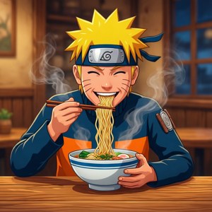 鸣人开心享用拉面的扁平矢量插画 — 1:1 壁纸