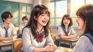 理佳子在阳光明媚的教室里与朋友欢笑 — 海浪 壁纸