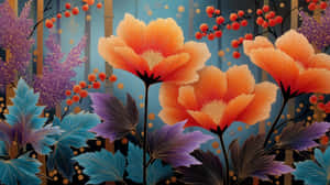 抽象，日式，绘画，花卉，花朵，鲜艳，艺术，自然，设计，插图，传统，现代，枝叶，植物，艺术性 — 橙色美学 壁纸
