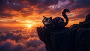柴郡猫在绚丽日落下的剪影。 — 柴郡猫 壁纸