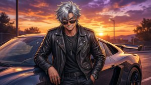 一位时尚的动漫男孩在日落时分与一辆跑车合影。