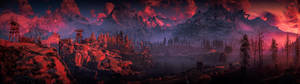 深红色日落与山脉壁纸 — 5120x1440 壁纸