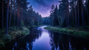 黑暗森林中蜿蜒的河流映照着星空，如梦似幻的氛围。 — 黑暗森林 壁纸