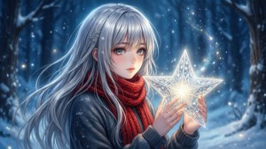 银发红围巾的动漫少女在雪林中手持一颗发光的星星。