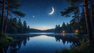 宁静美学艺术壁纸，描绘星夜湖面与月影倒映。