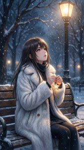 雪夜路灯下坐在长椅上的动漫女孩
