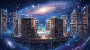 一个奇幻的动漫场景，描绘了一座漂浮在太空中的图书馆 — 动漫风景动图 壁纸