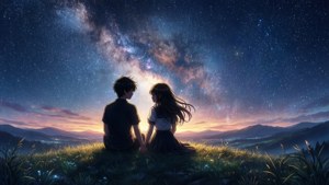 动漫情侣在星空下的剪影 — 动漫情侣 壁纸