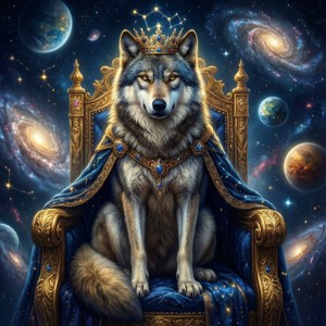 一只威严的银河之狼端坐于星辰王座之上，头戴星座之冠。 — 银河狼 壁纸