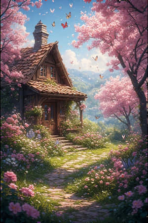 小屋,春天,花朵,花园,樱花,蝴蝶,丘陵,盛开,快乐,自然 — iPhone 4 壁纸