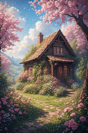 小屋,春天,花朵,花园,樱花,蝴蝶,丘陵,盛开,快乐,自然 — iPhone 4 壁纸