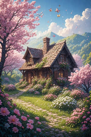 小屋,春天,花朵,花园,樱花,蝴蝶,丘陵,盛开,快乐,自然 — iPhone 4 壁纸