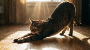 一只猫咪在木地板上的阳光中伸着懒腰。 — 猫 壁纸