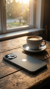 石墨灰iPhone 17置于木质桌面，搭配咖啡，沐浴温暖晨光。 — iPhone 17 壁纸