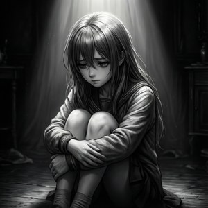 一位悲伤的动漫女孩在昏暗的房间中蜷缩，戏剧性的光线投射在她身上。 — 悲伤动漫动图 壁纸