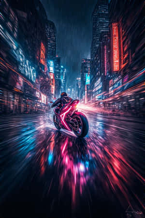 霓虹摩托，都市追逐，暗夜都市，光轨，夜晚，鲜艳，赛博朋克，电影感，4K，竖屏壁纸 — 4K 壁纸