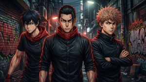 《东京复仇者》中Mikey、Draken和Takemichi在黑暗小巷中的戏剧性群像壁纸。 — 东京复仇者 壁纸