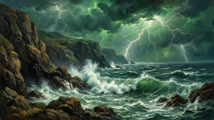 暴风雨中的海洋景象，悬崖与闪电在戏剧性的绿色天空下呈现。 — 绿色天空 壁纸
