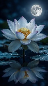 满月下盛开的莲花与倒影，深蓝与银色交织。 — 莲花 壁纸