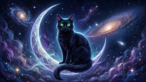 一只神秘的黑猫卧于新月之上 — 动漫猫咪 壁纸