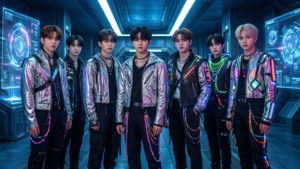 赛博朋克风格的Kpop男子组合，置身未来主义场景中。 — Kpop GIF 壁纸