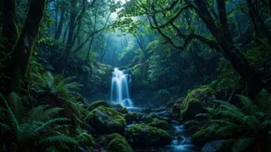 幽暗森林中隐藏的瀑布，苔石环绕，充满奇幻氛围。 — 黑暗森林 壁纸