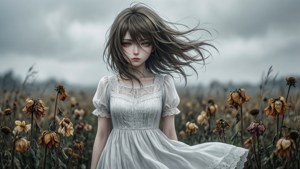 一位动漫少女身处枯萎的田野中，悲伤且被风吹拂。 — 悲伤动漫动图 壁纸