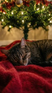 一只猫咪在装饰着灯光的圣诞树下睡觉。 — 温馨圣诞美学 壁纸
