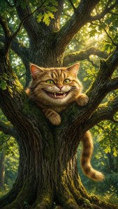 阳光照耀的橡树上，一只逼真的柴郡猫咧嘴而笑。 — iPhone 6 壁纸