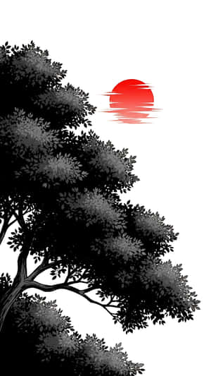 水墨，树，太阳，极简 — 1440x2560 壁纸