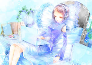 梦幻动漫少女在笔记本电脑前入睡