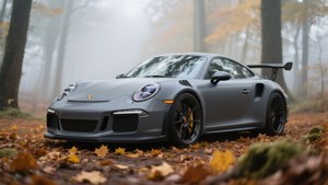 啞光灰保時捷911 GT3 RS在秋日森林中