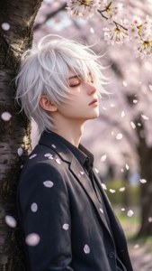一个悲伤的动漫男孩倚靠在樱花树下，花瓣飘落在他周围。