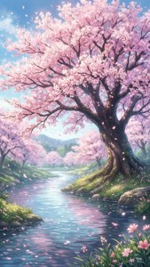 樱花飘落河面的动漫场景，花瓣随波漂流。